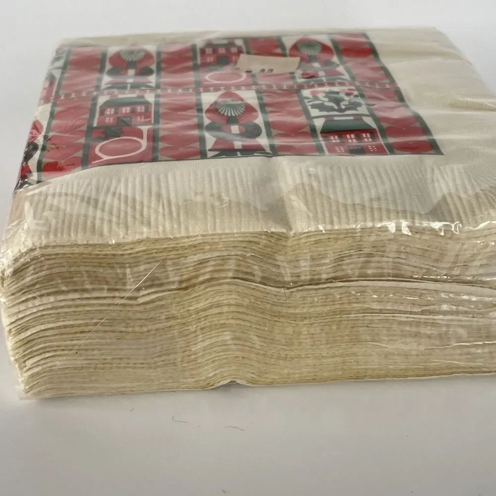 NOS Vintage Christmas Cocktail Napkins Package Of 50 Folk Art Santa Wreath New